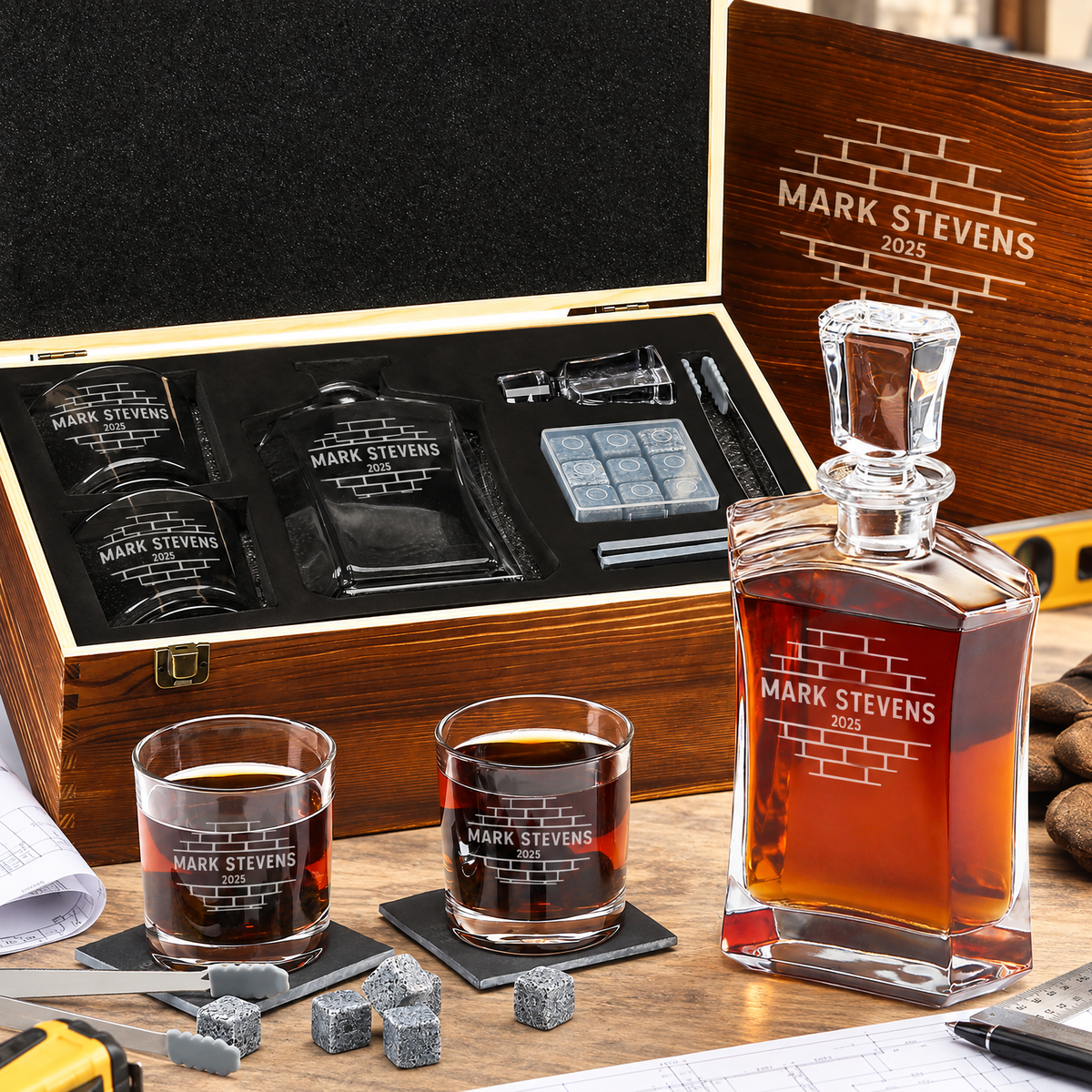 Construction Company Gifts – Slick Decanter Set with 2 Glasses, 9 Whiskey Stones & Wooden Box – image 01