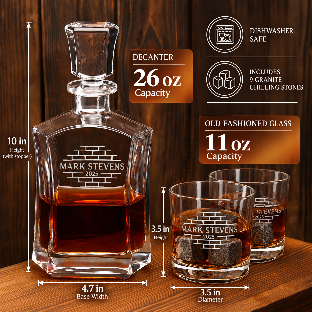 Construction Company Gifts – Slick Decanter Set with 2 Glasses, 9 Whiskey Stones & Wooden Box product image