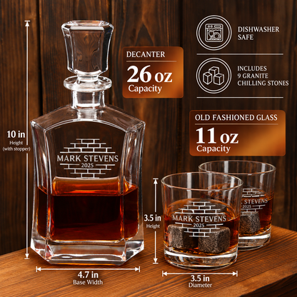 Construction Company Gifts – Slick Decanter Set with 2 Glasses, 9 Whiskey Stones & Wooden Box – image 02