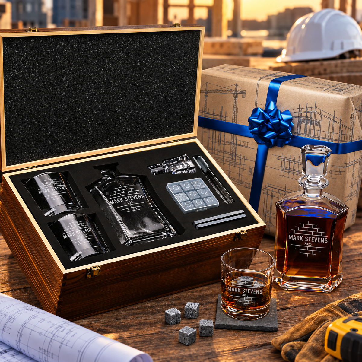 Construction Company Gifts – Slick Decanter Set with 2 Glasses, 9 Whiskey Stones & Wooden Box product image
