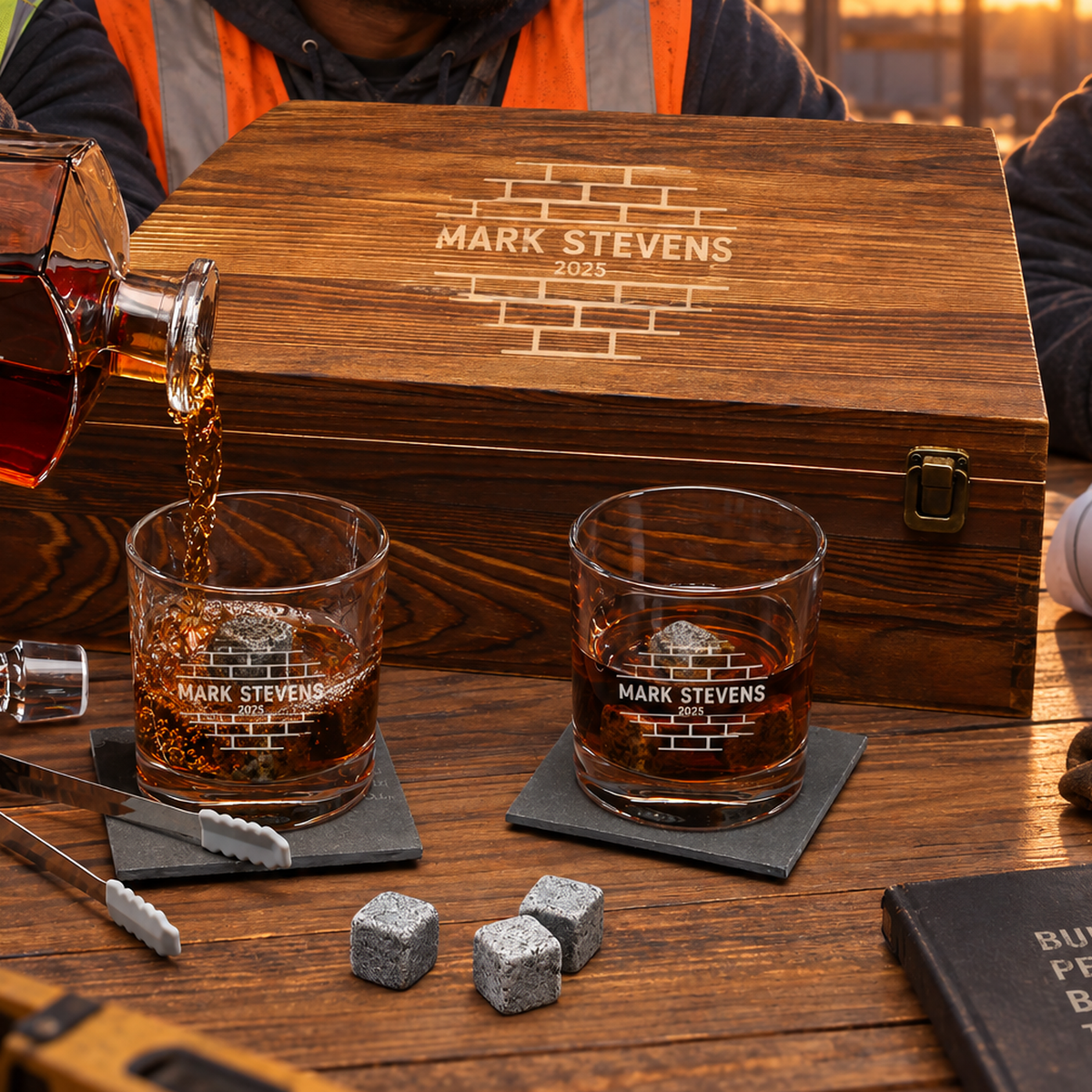 Construction Company Gifts – Slick Decanter Set with 2 Glasses, 9 Whiskey Stones & Wooden Box – image 05