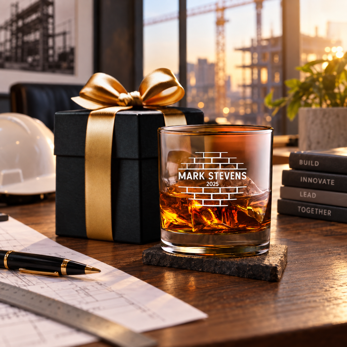 Construction Company Gifts – Slick Decanter Set with 2 Glasses, 9 Whiskey Stones & Wooden Box product image