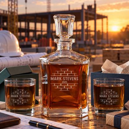 Construction Company Gifts – Slick Decanter Set with 2 Glasses, 9 Whiskey Stones & Wooden Box – image 10