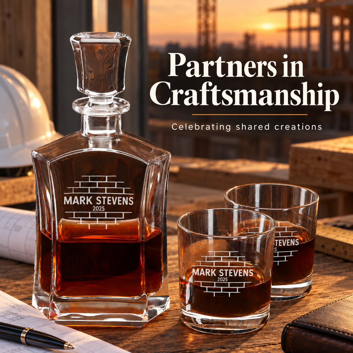 Construction Company Gifts – Slick Decanter Set with 2 Glasses, 9 Whiskey Stones & Wooden Box – image 12