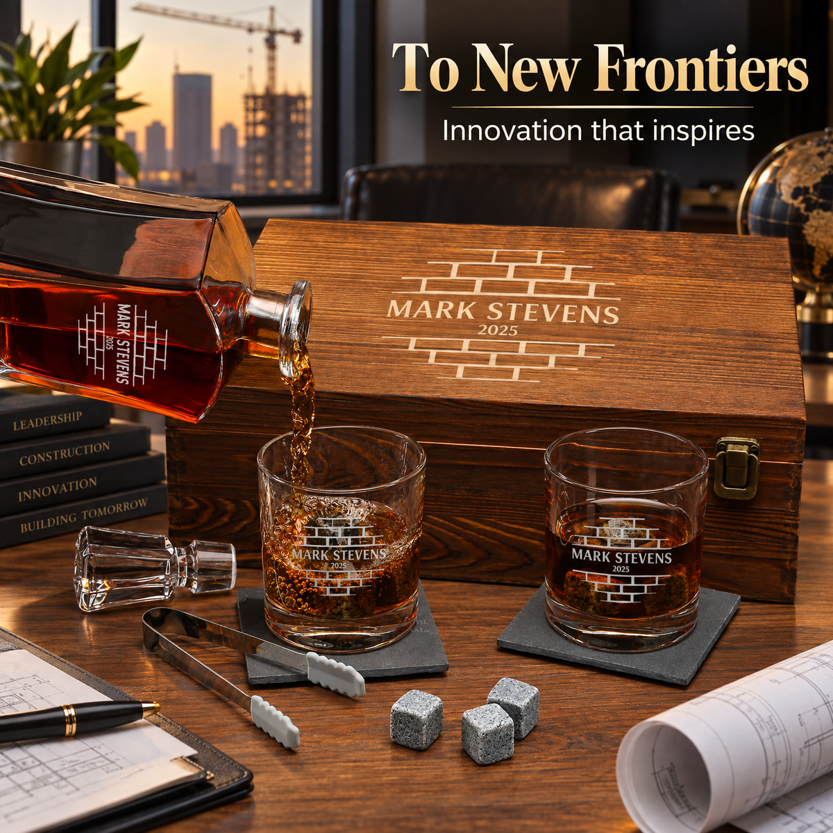 Construction Company Gifts – Slick Decanter Set with 2 Glasses, 9 Whiskey Stones & Wooden Box product image