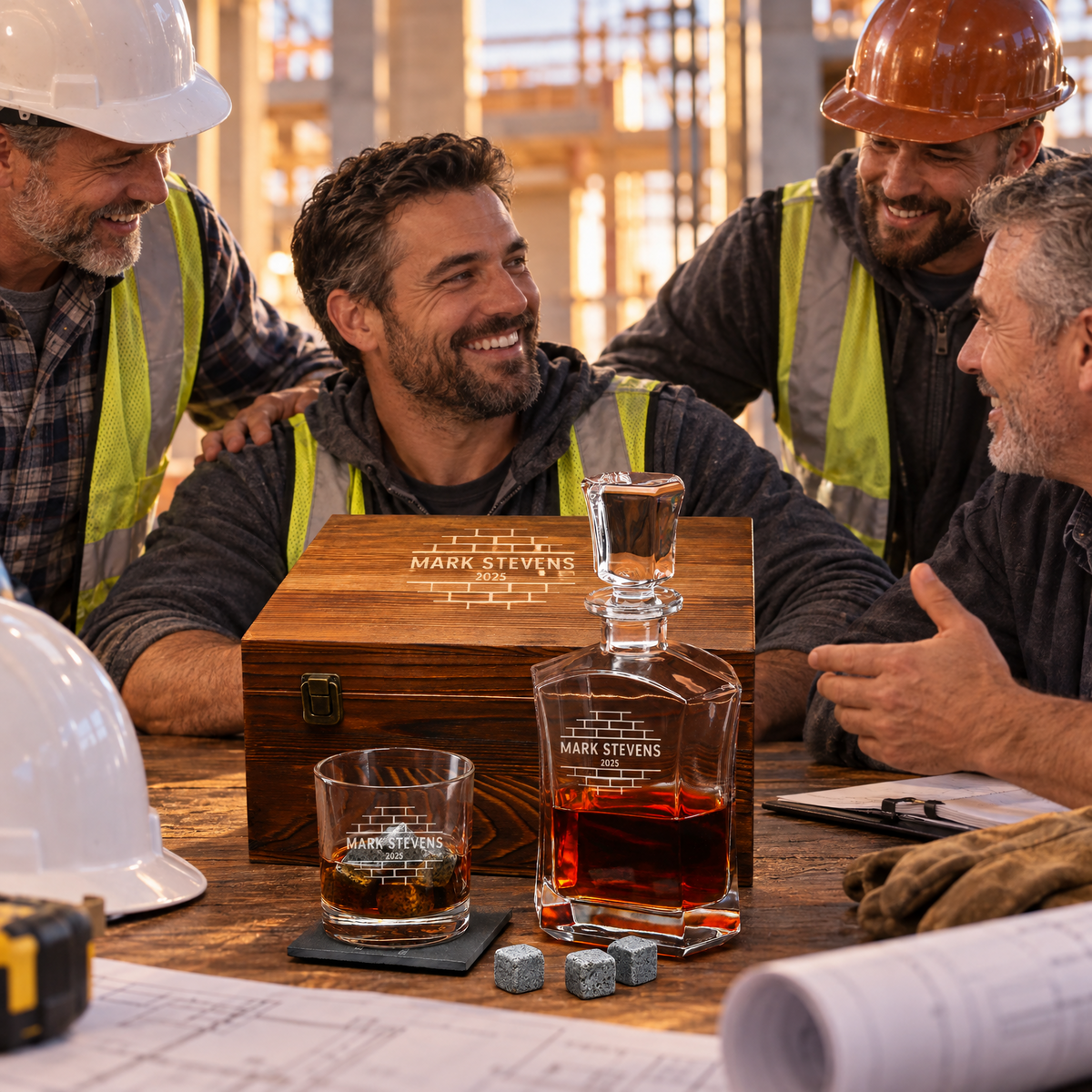 Construction Company Gifts – Slick Decanter Set with 2 Glasses, 9 Whiskey Stones & Wooden Box product image