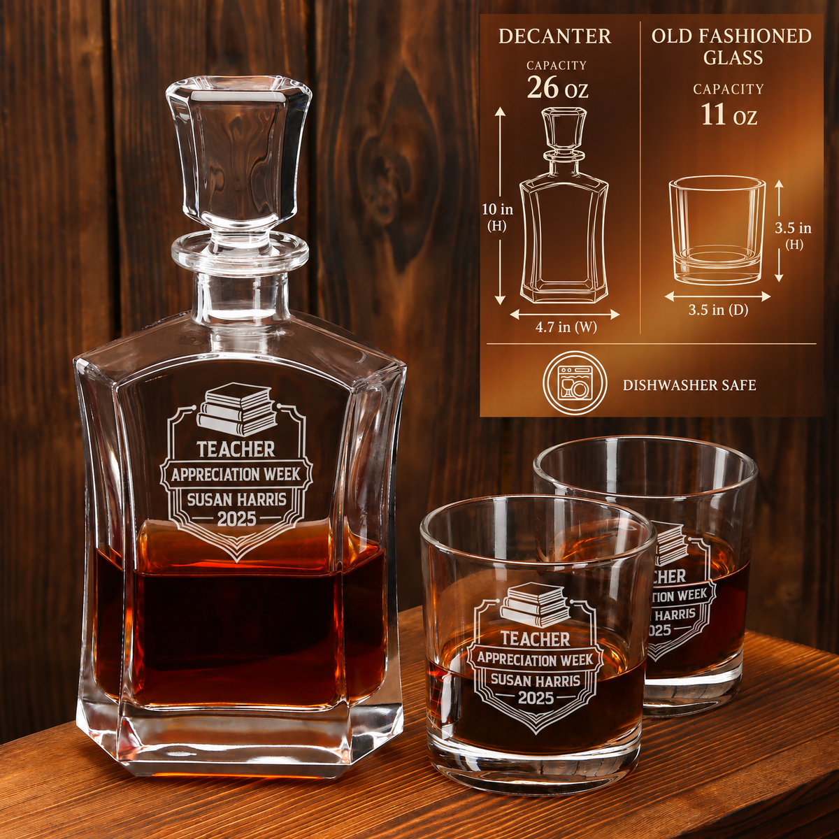 Education Company Gifts – Slick Decanter Set with 2 Glasses, 9 Whiskey Stones & Wooden Box product image