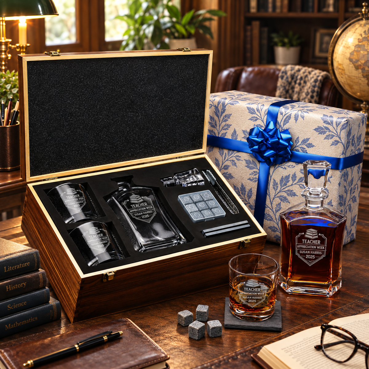 Education Company Gifts – Slick Decanter Set with 2 Glasses, 9 Whiskey Stones & Wooden Box product image