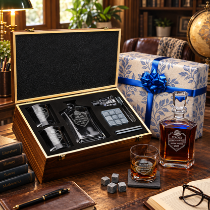Education Company Gifts – Slick Decanter Set with 2 Glasses, 9 Whiskey Stones & Wooden Box – image 04