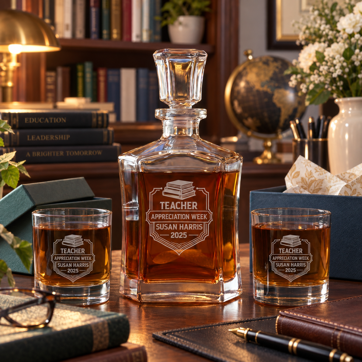 Education Company Gifts – Slick Decanter Set with 2 Glasses, 9 Whiskey Stones & Wooden Box – image 10