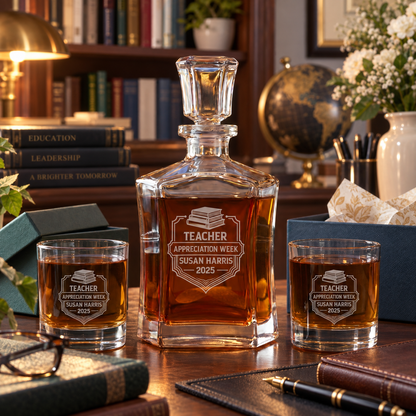 Education Company Gifts – Slick Decanter Set with 2 Glasses, 9 Whiskey Stones & Wooden Box – image 10