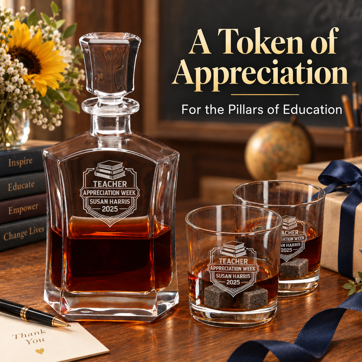Education Company Gifts – Slick Decanter Set with 2 Glasses, 9 Whiskey Stones & Wooden Box product image