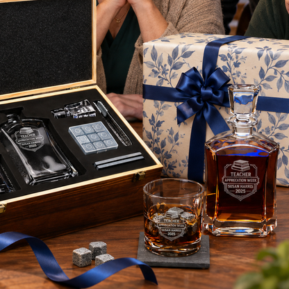Education Company Gifts – Slick Decanter Set with 2 Glasses, 9 Whiskey Stones & Wooden Box – image 13