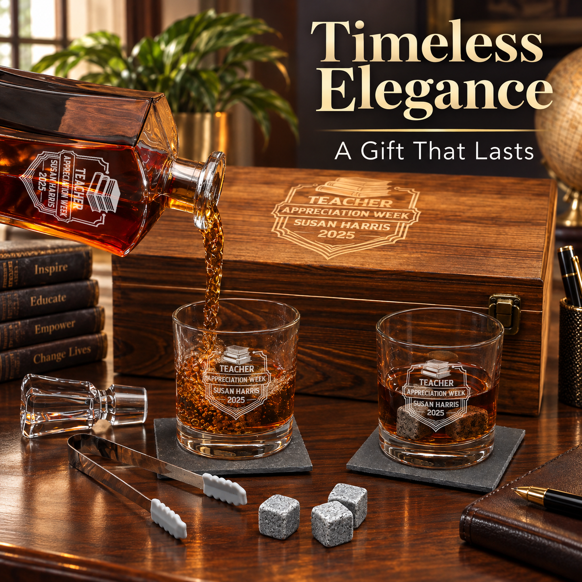 Education Company Gifts – Slick Decanter Set with 2 Glasses, 9 Whiskey Stones & Wooden Box product image