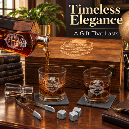 Education Company Gifts – Slick Decanter Set with 2 Glasses, 9 Whiskey Stones & Wooden Box – image 14
