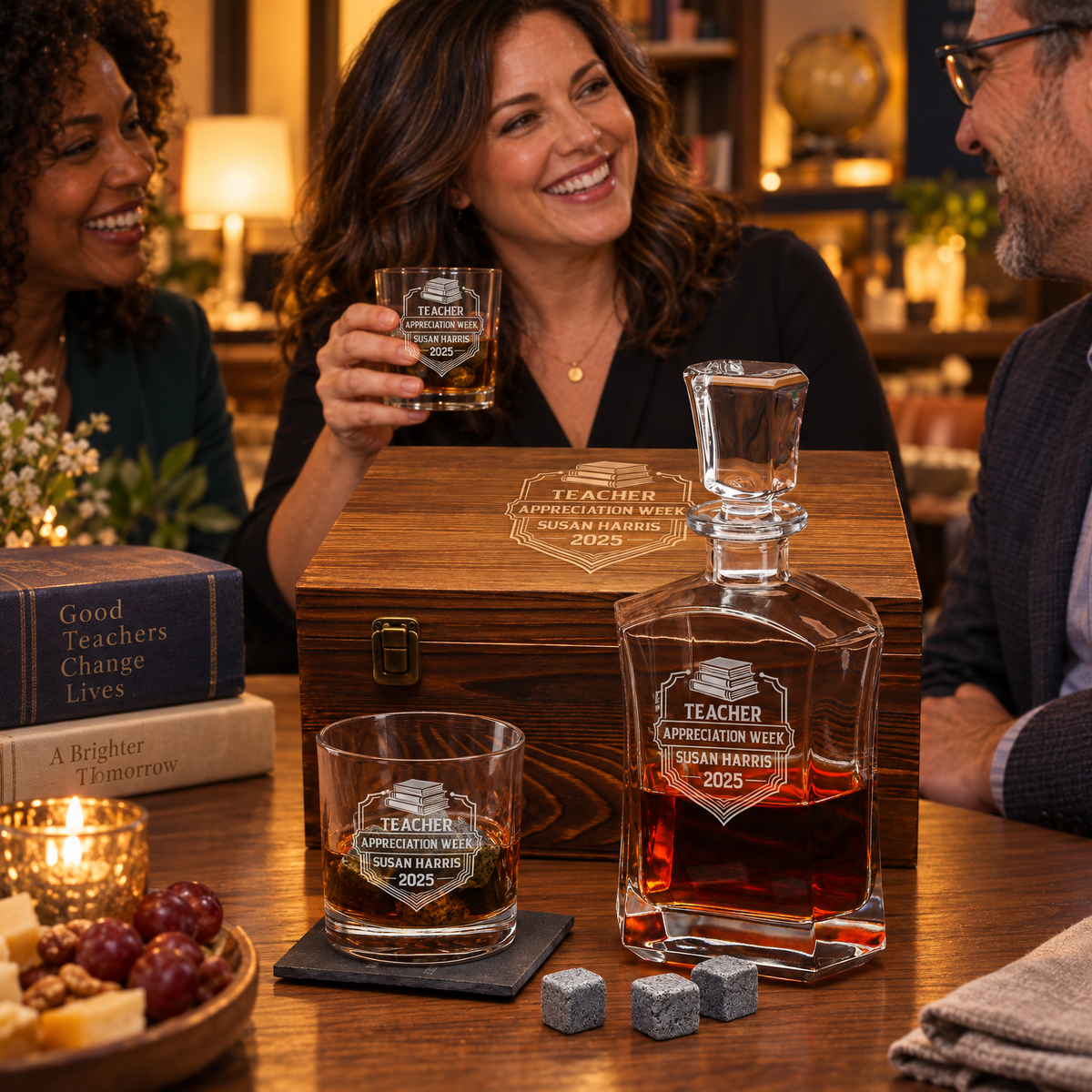 Education Company Gifts – Slick Decanter Set with 2 Glasses, 9 Whiskey Stones & Wooden Box – image 15
