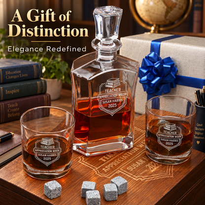 Education Company Gifts – Slick Decanter Set with 2 Glasses, 9 Whiskey Stones & Wooden Box – image 16