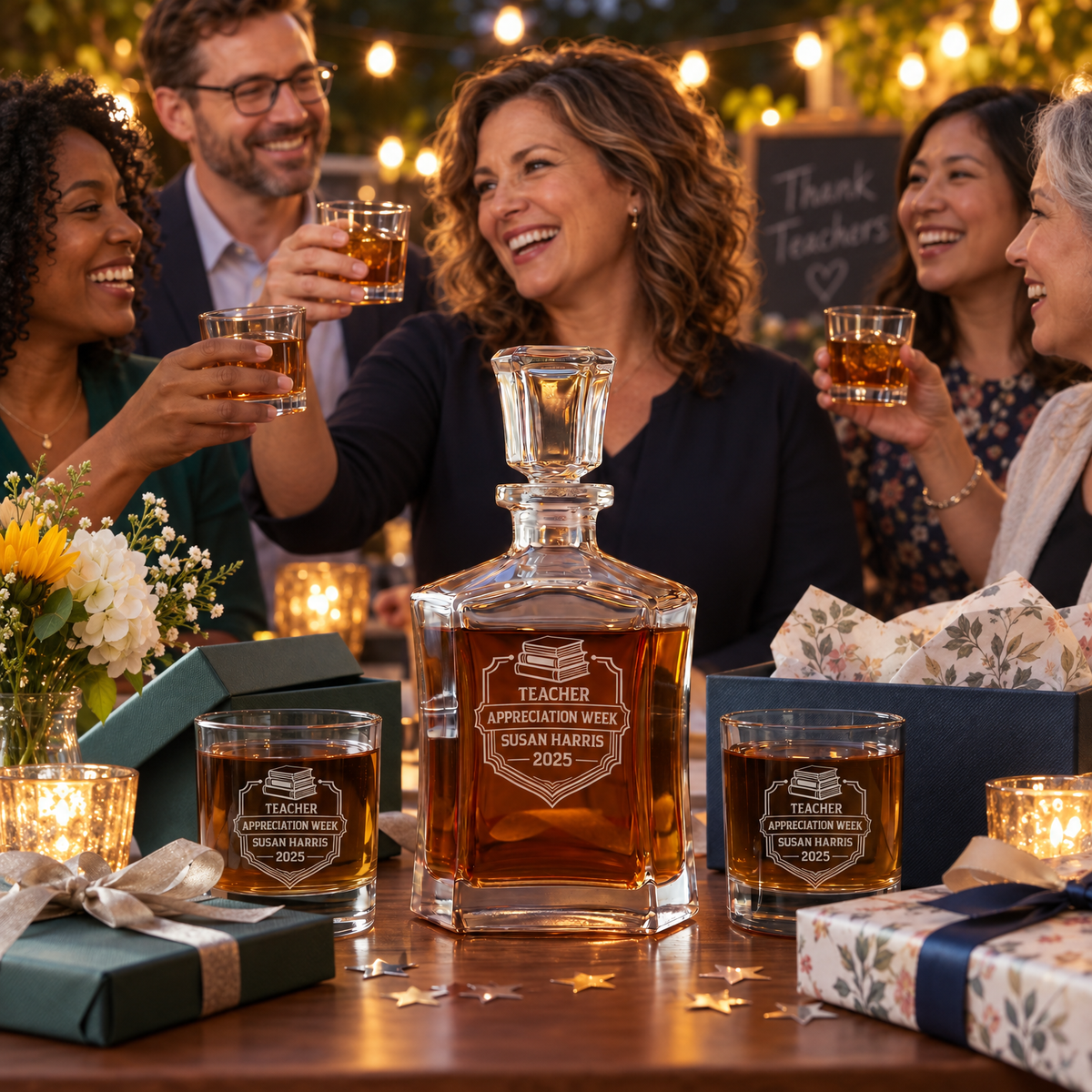 Education Company Gifts – Slick Decanter Set with 2 Glasses, 9 Whiskey Stones & Wooden Box product image