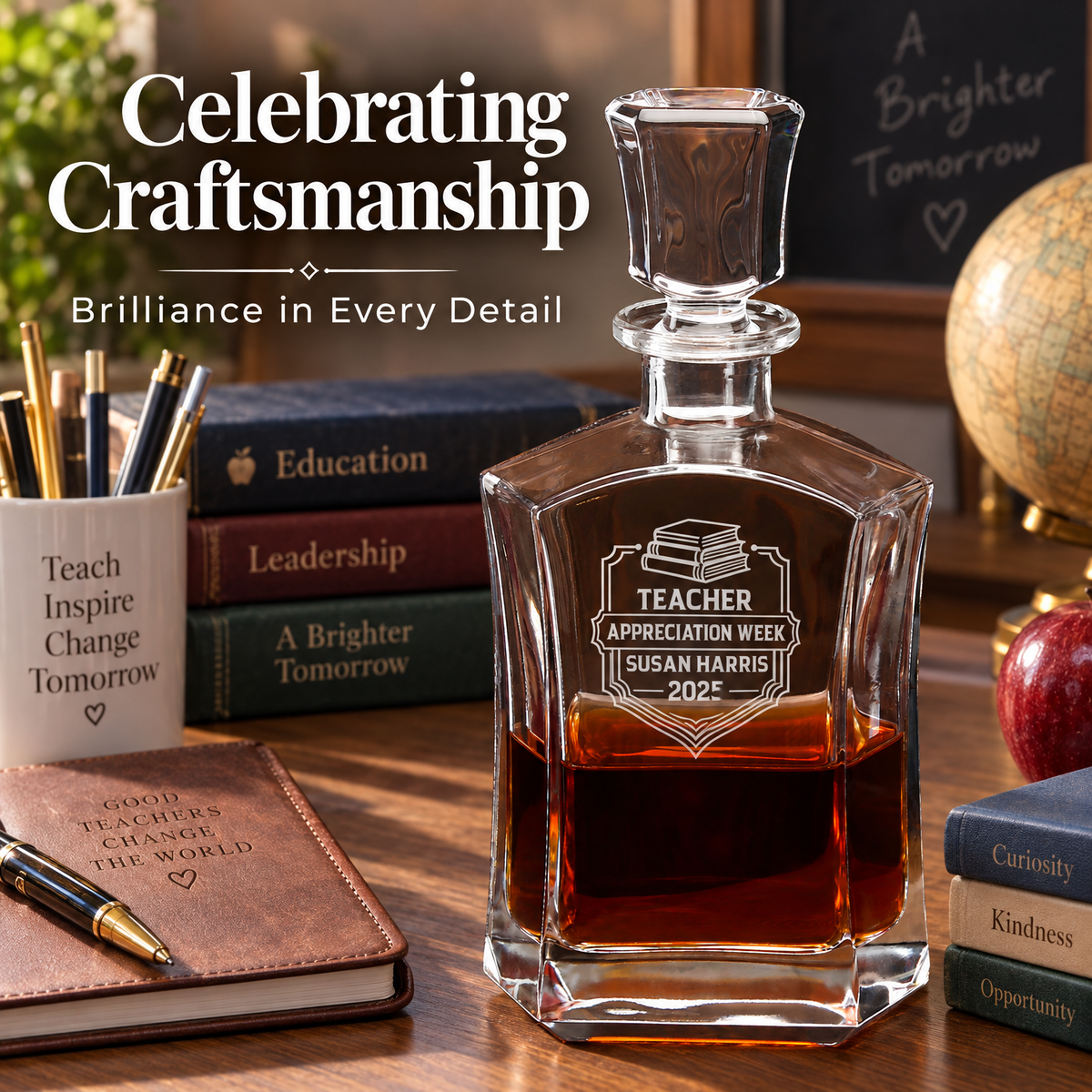 Education Company Gifts – Slick Decanter Set with 2 Glasses, 9 Whiskey Stones & Wooden Box product image