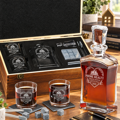 Real Estate Company Gifts – Slick Decanter Set with 2 Glasses, 9 Whiskey Stones & Wooden Box – image 01
