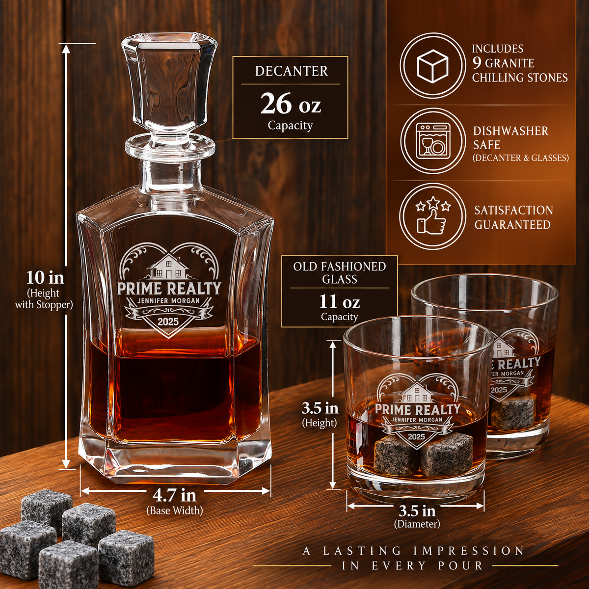 Real Estate Company Gifts – Slick Decanter Set with 2 Glasses, 9 Whiskey Stones & Wooden Box – image 02
