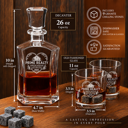 Real Estate Company Gifts – Slick Decanter Set with 2 Glasses, 9 Whiskey Stones & Wooden Box – image 02