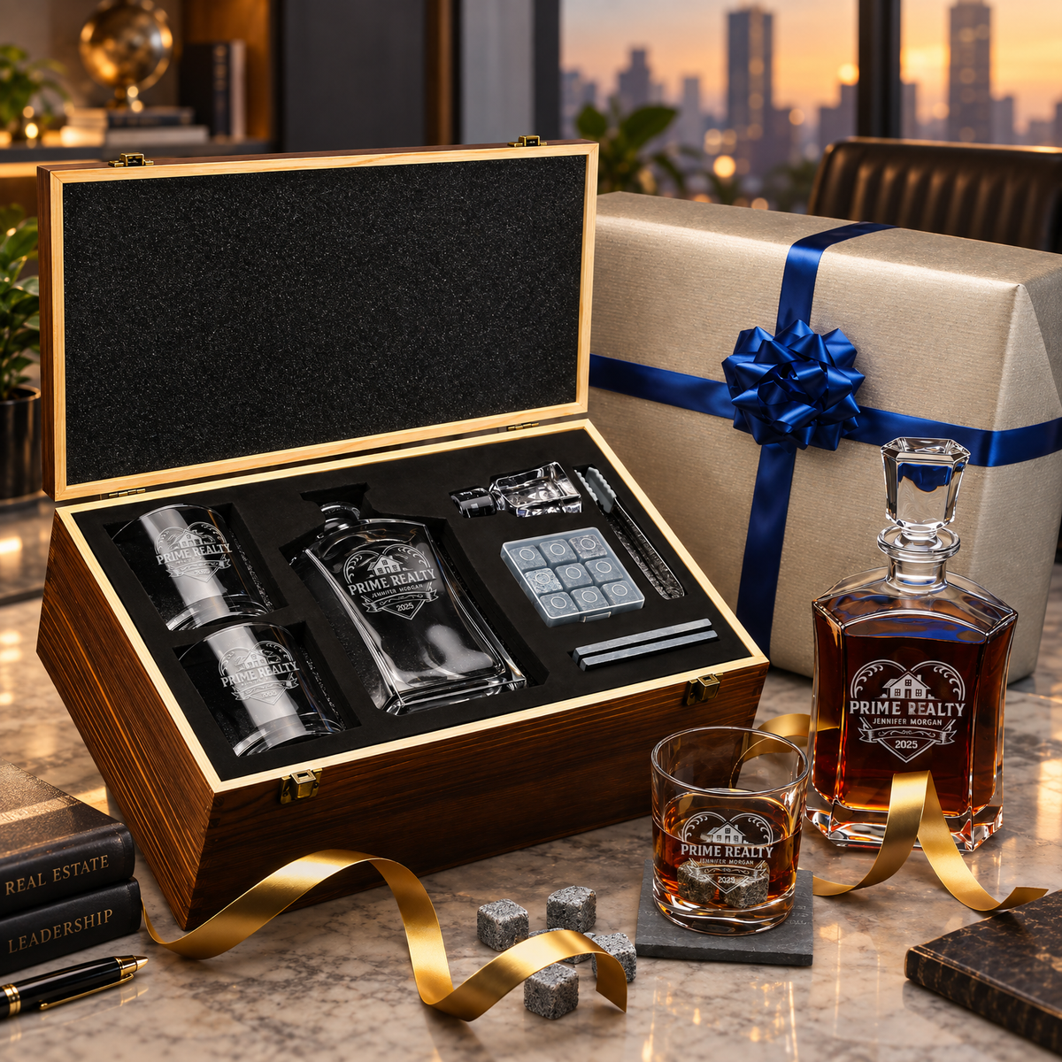 Real Estate Company Gifts – Slick Decanter Set with 2 Glasses, 9 Whiskey Stones & Wooden Box – image 04