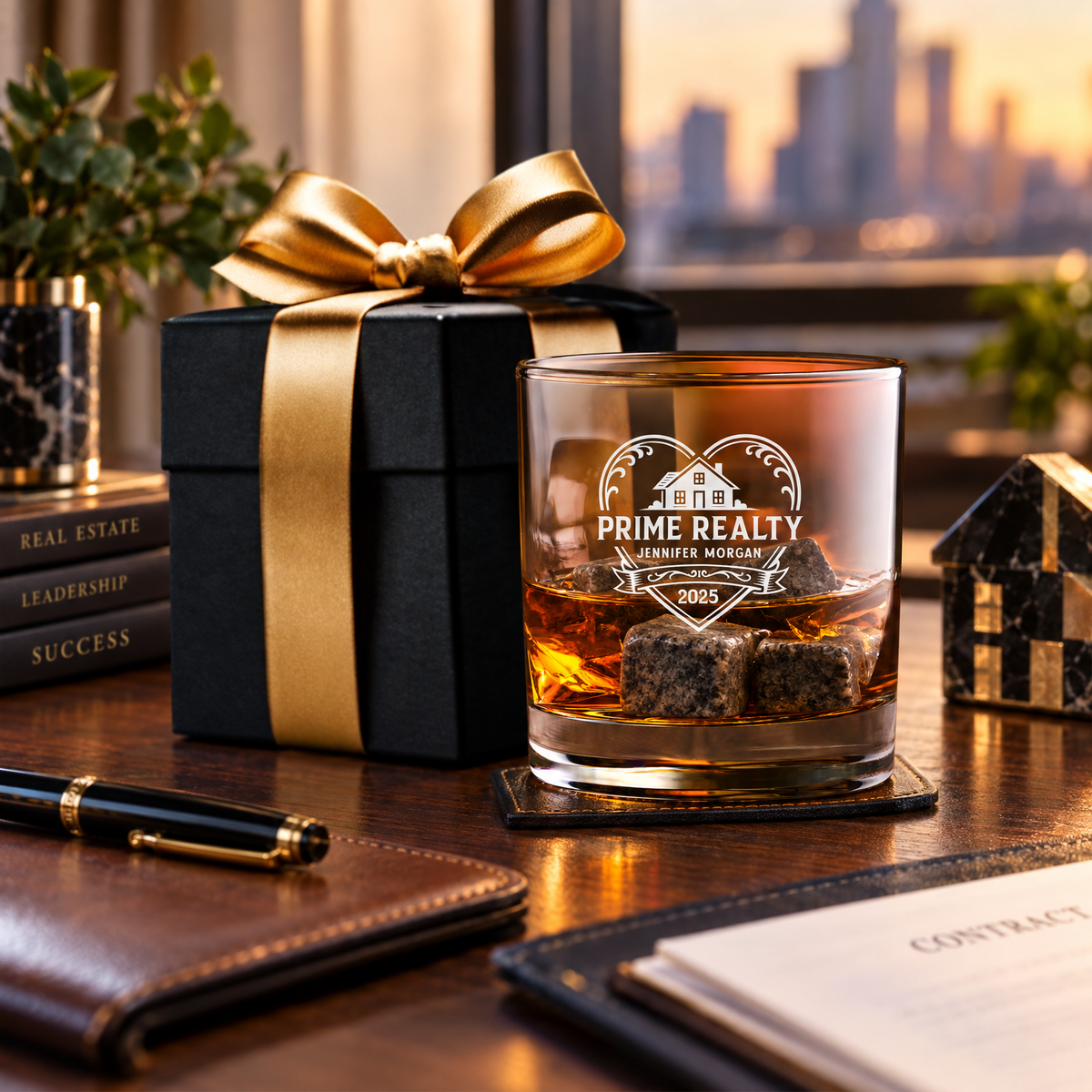 Real Estate Company Gifts – Slick Decanter Set with 2 Glasses, 9 Whiskey Stones & Wooden Box product image