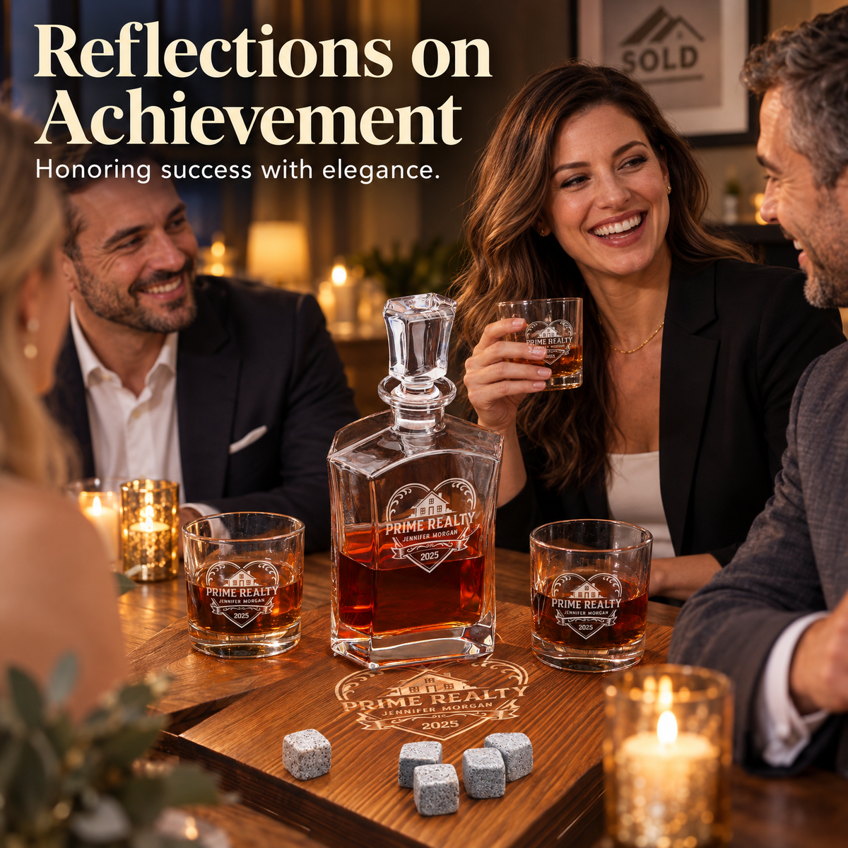 Real Estate Company Gifts – Slick Decanter Set with 2 Glasses, 9 Whiskey Stones & Wooden Box – image 09