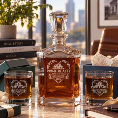 Real Estate Company Gifts – Slick Decanter Set with 2 Glasses, 9 Whiskey Stones & Wooden Box – image 10