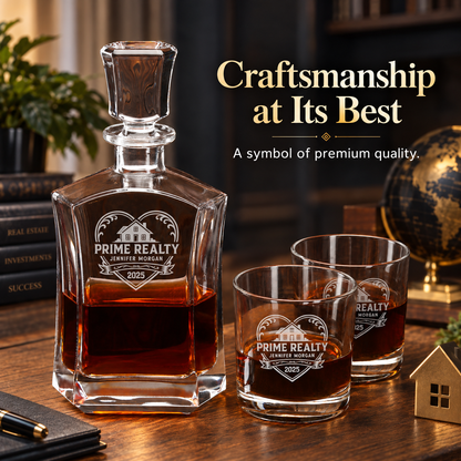 Real Estate Company Gifts – Slick Decanter Set with 2 Glasses, 9 Whiskey Stones & Wooden Box – image 12