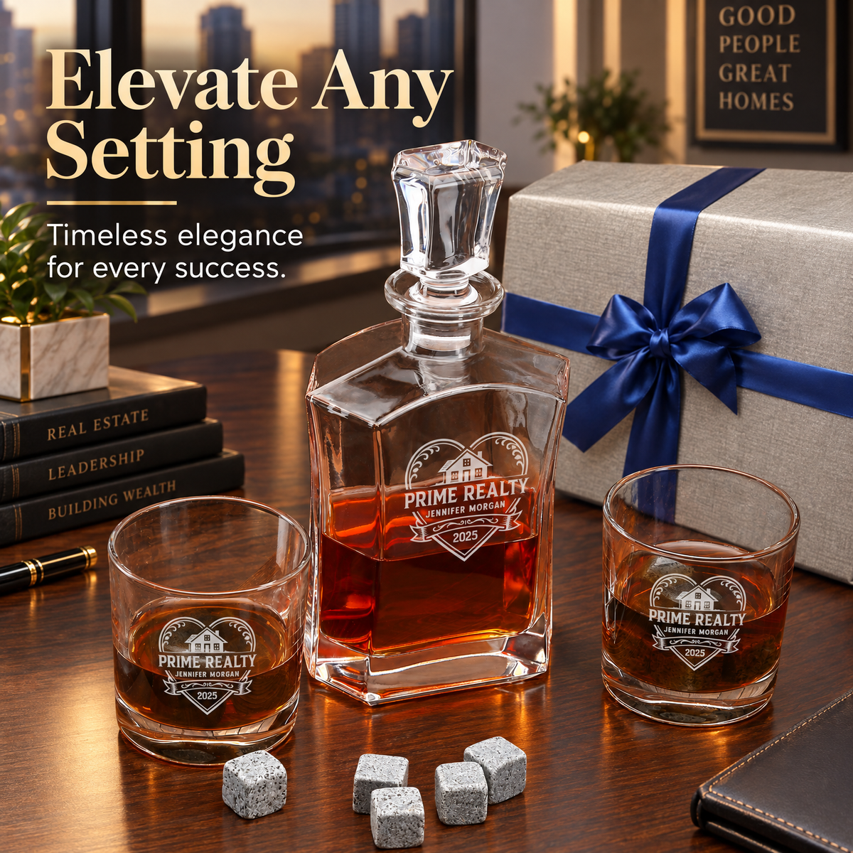 Real Estate Company Gifts – Slick Decanter Set with 2 Glasses, 9 Whiskey Stones & Wooden Box product image