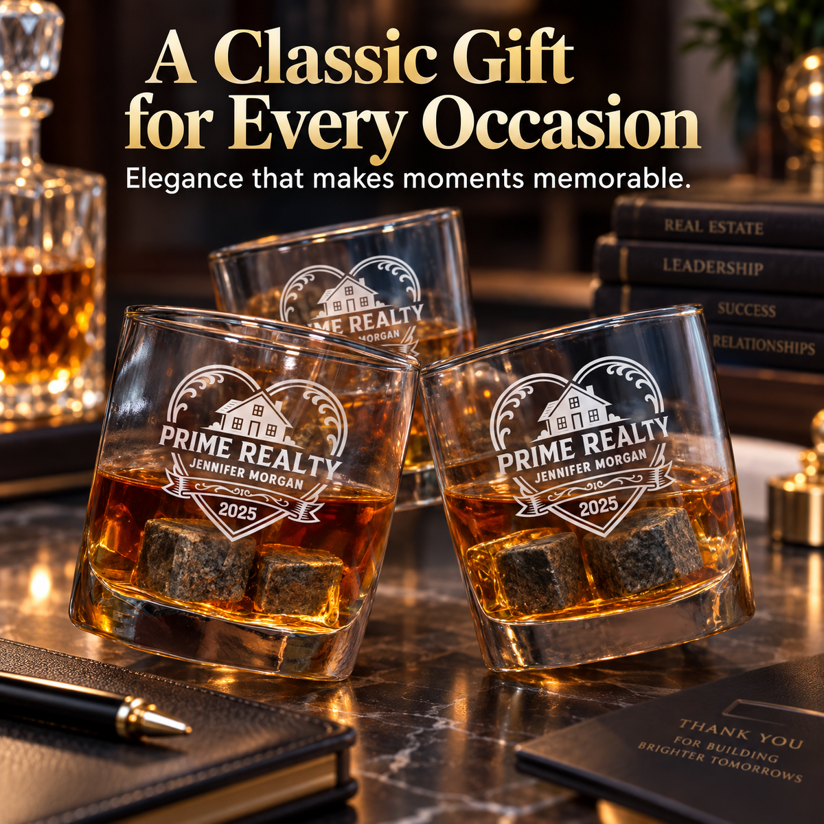 Real Estate Company Gifts – Slick Decanter Set with 2 Glasses, 9 Whiskey Stones & Wooden Box – image 20
