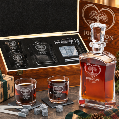 Family Gift – Slick Decanter Set with 2 Glasses, 9 Whiskey Stones & Wooden Box – image 01