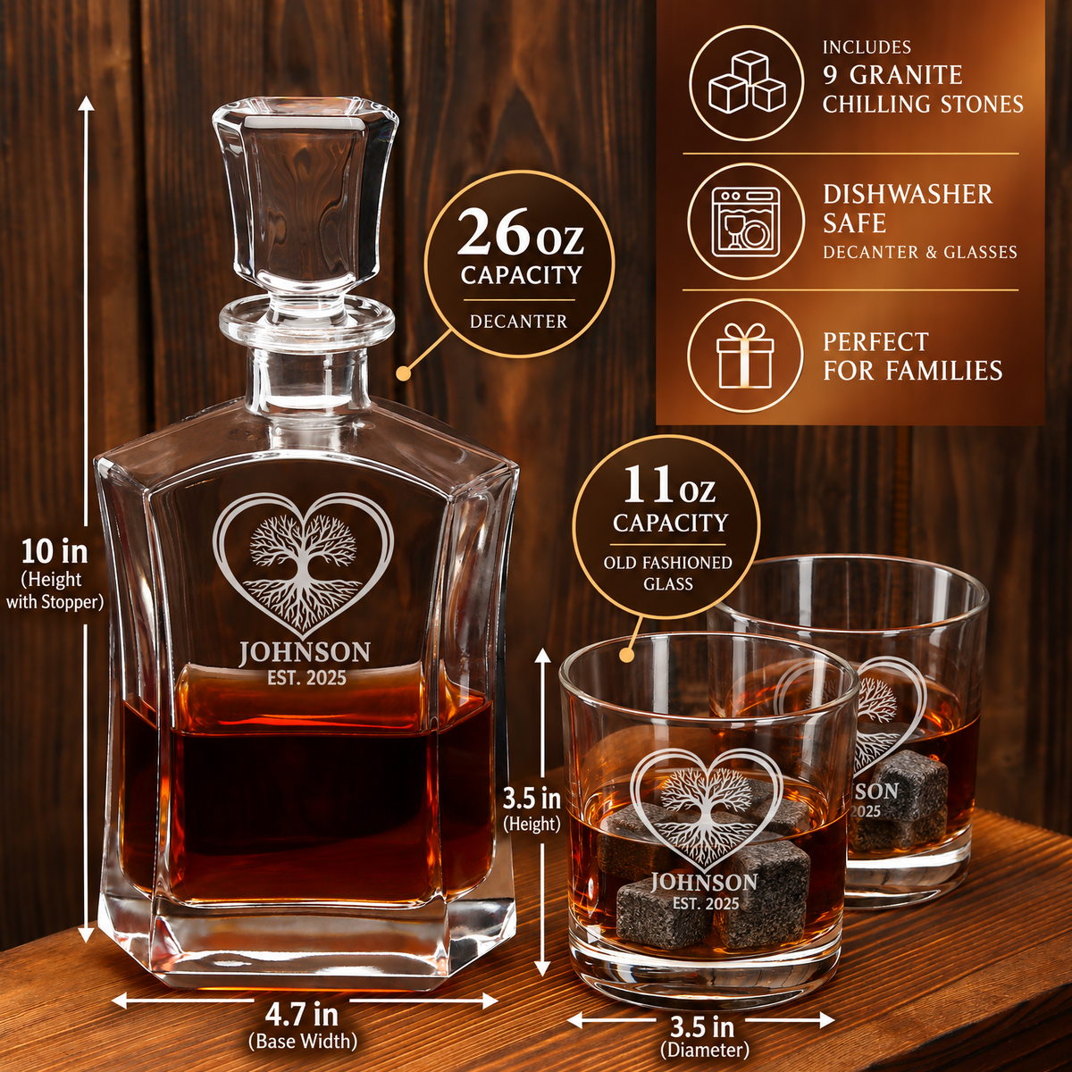Family Gift – Slick Decanter Set with 2 Glasses, 9 Whiskey Stones & Wooden Box – image 02