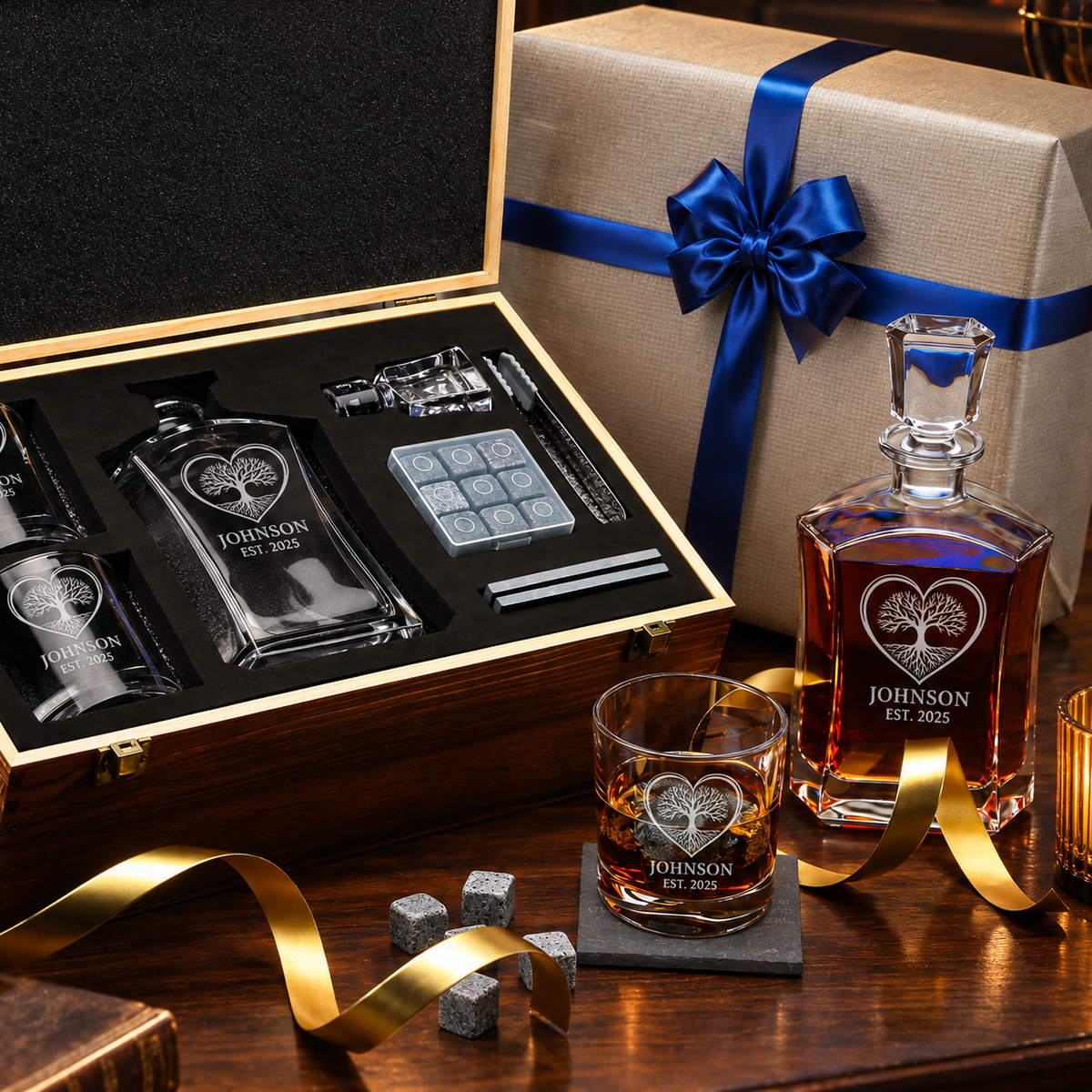 Family Gift – Slick Decanter Set with 2 Glasses, 9 Whiskey Stones & Wooden Box product image