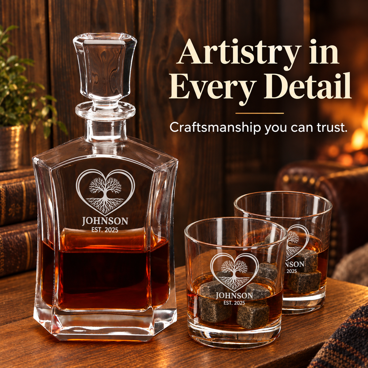 Family Gift – Slick Decanter Set with 2 Glasses, 9 Whiskey Stones & Wooden Box – image 12