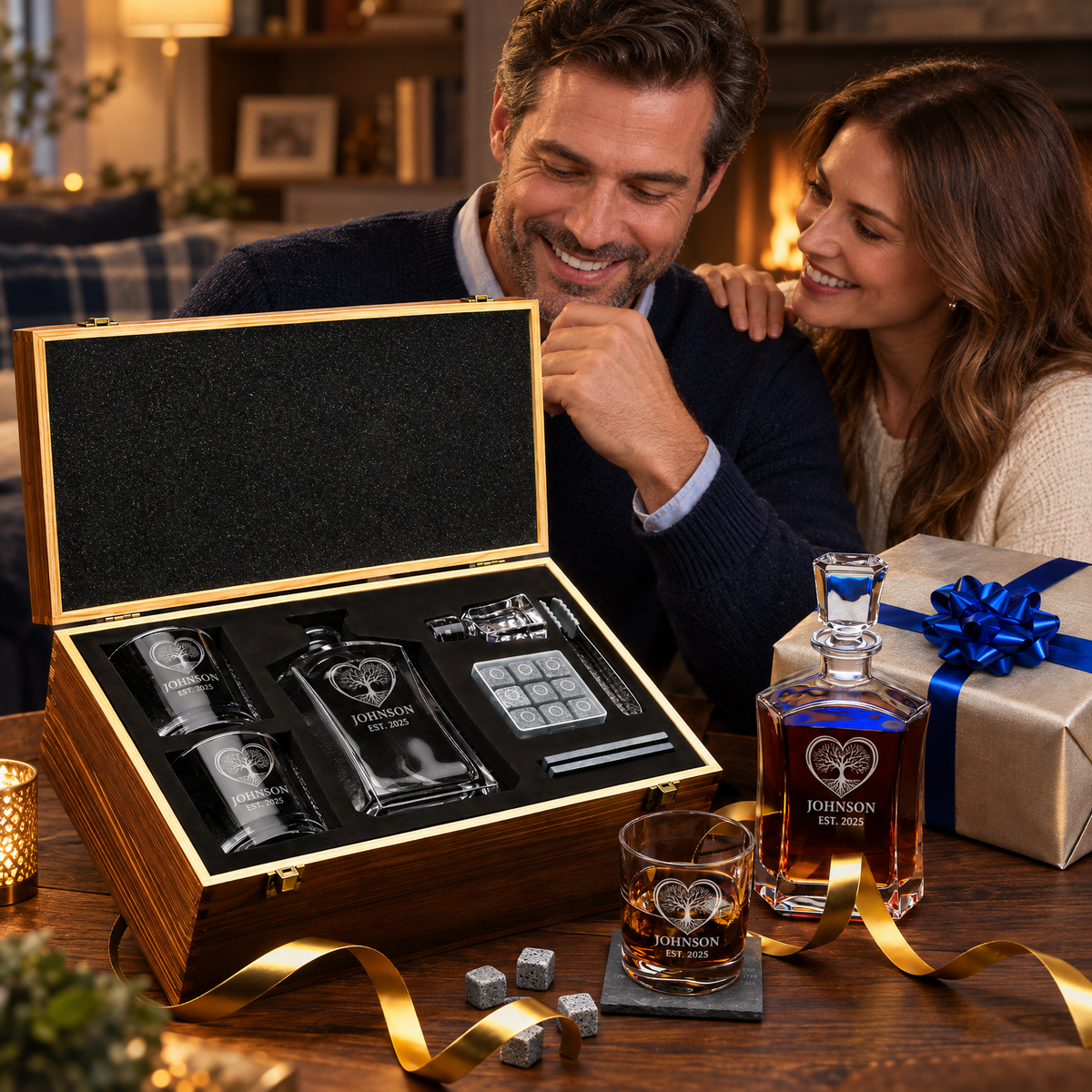 Family Gift – Slick Decanter Set with 2 Glasses, 9 Whiskey Stones & Wooden Box product image