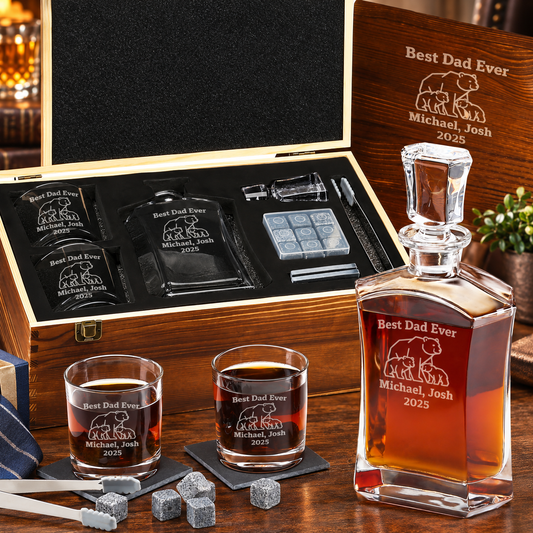Gift for Father – Slick Decanter Set with 2 Glasses, 9 Whiskey Stones & Wooden Box – image 01