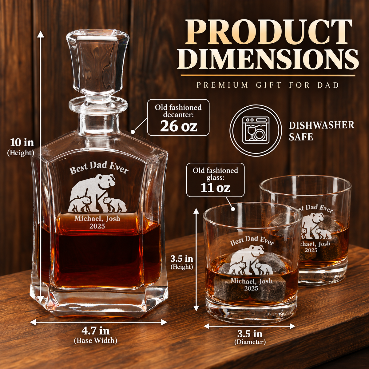 Gift for Father – Slick Decanter Set with 2 Glasses, 9 Whiskey Stones & Wooden Box – image 02