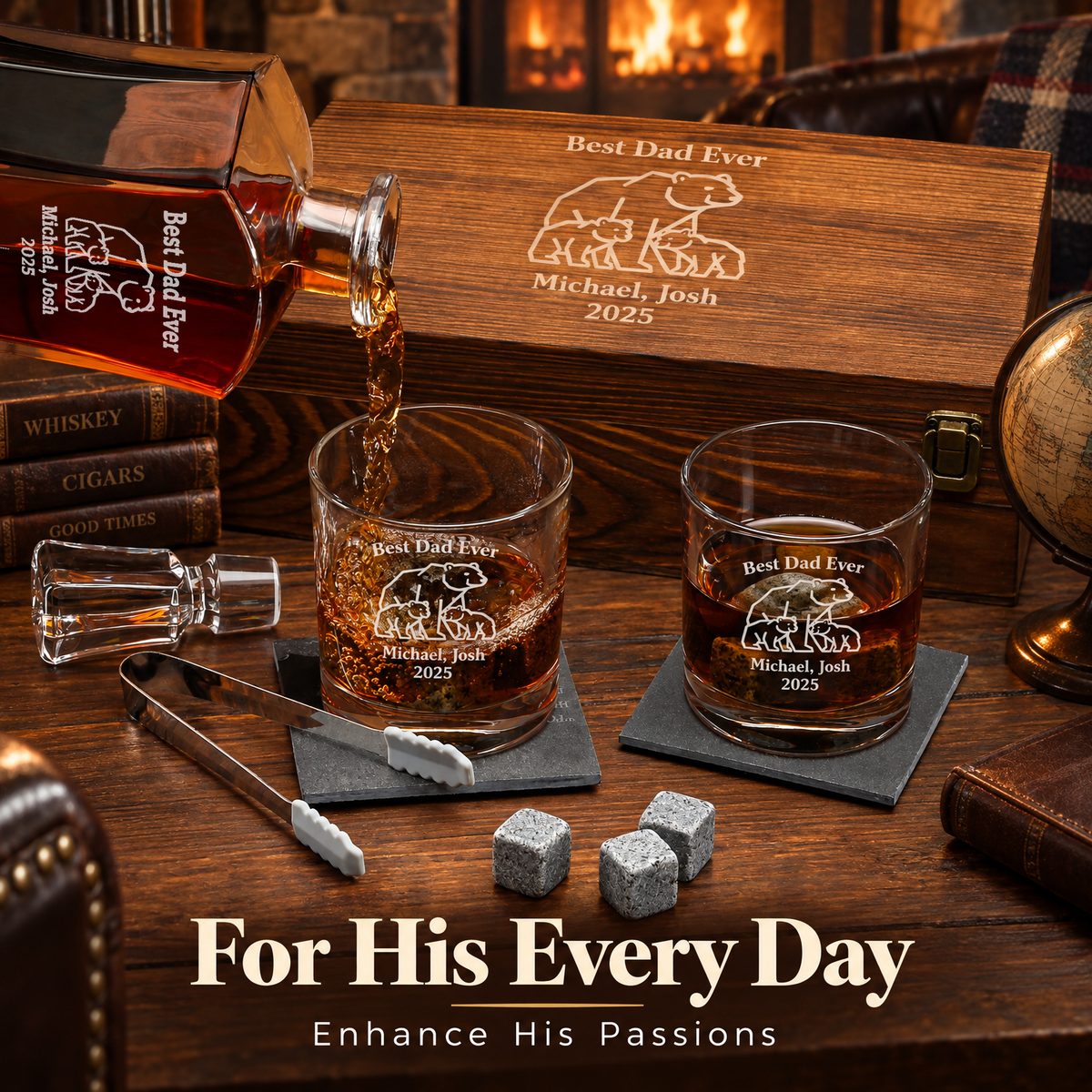 Gift for Father – Slick Decanter Set with 2 Glasses, 9 Whiskey Stones & Wooden Box product image