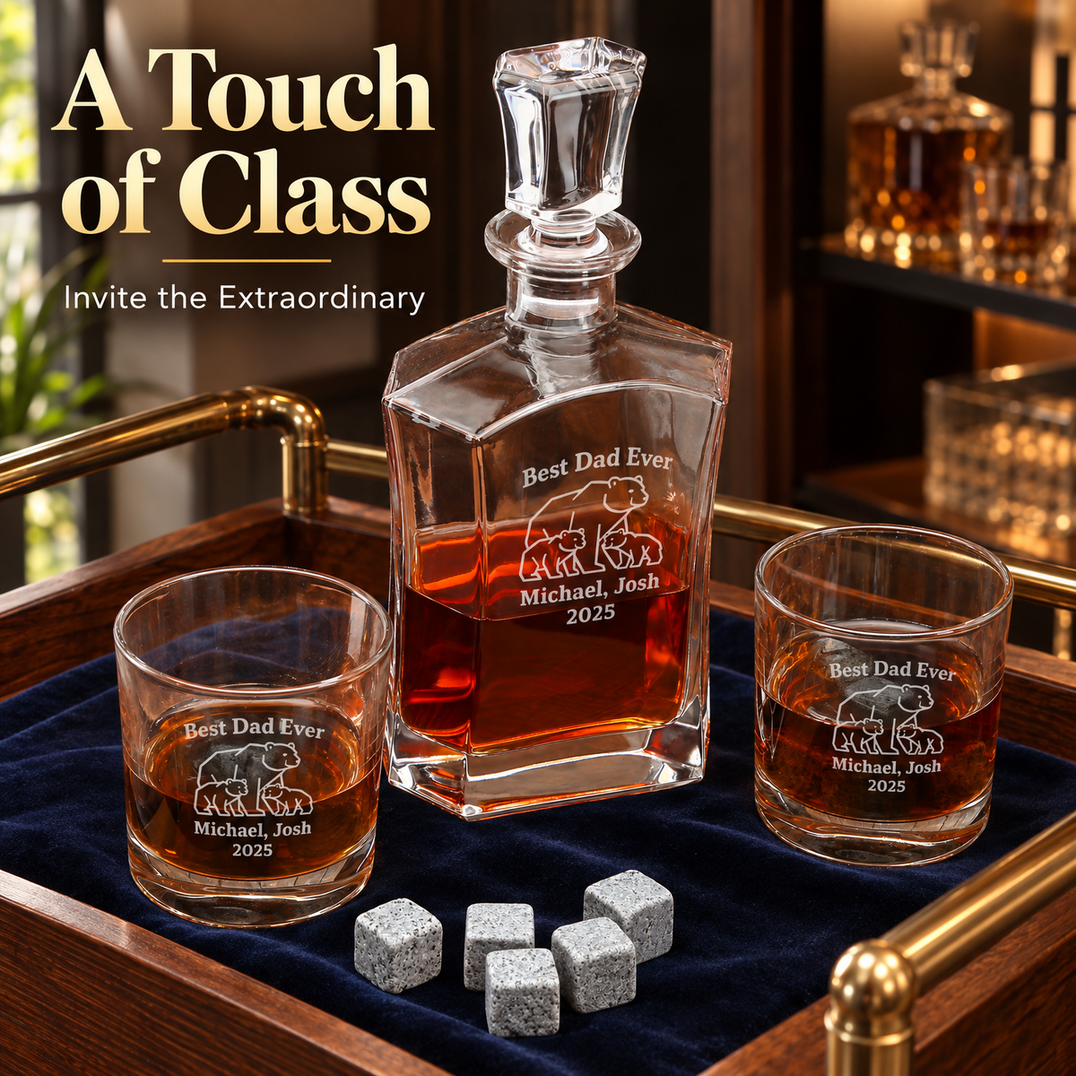 Gift for Father – Slick Decanter Set with 2 Glasses, 9 Whiskey Stones & Wooden Box product image