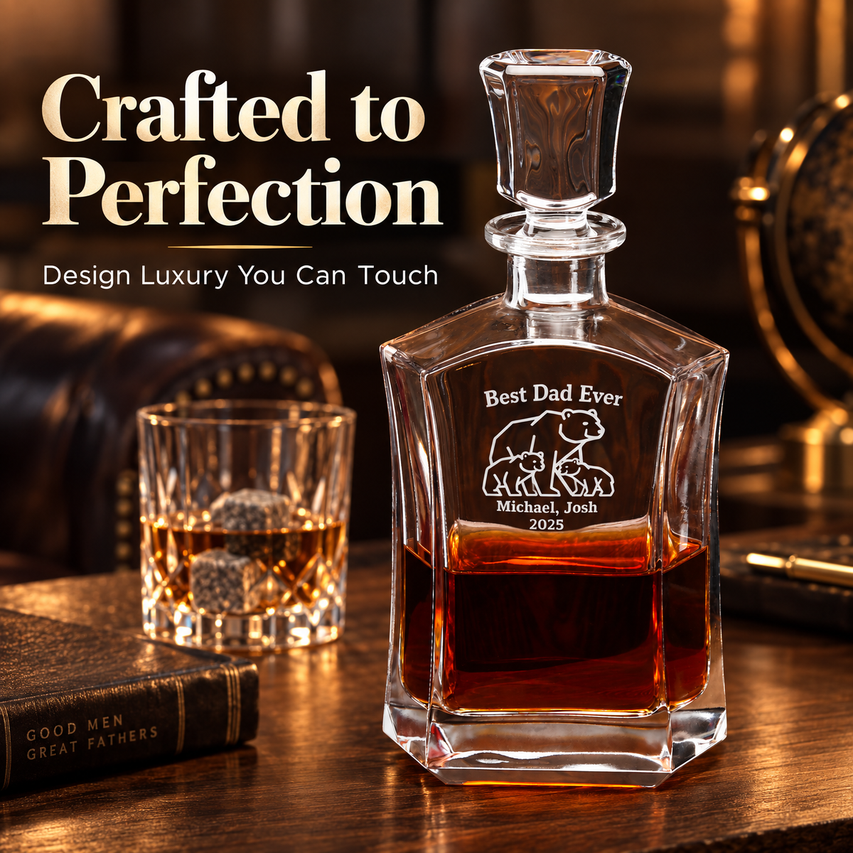 Gift for Father – Slick Decanter Set with 2 Glasses, 9 Whiskey Stones & Wooden Box – image 18
