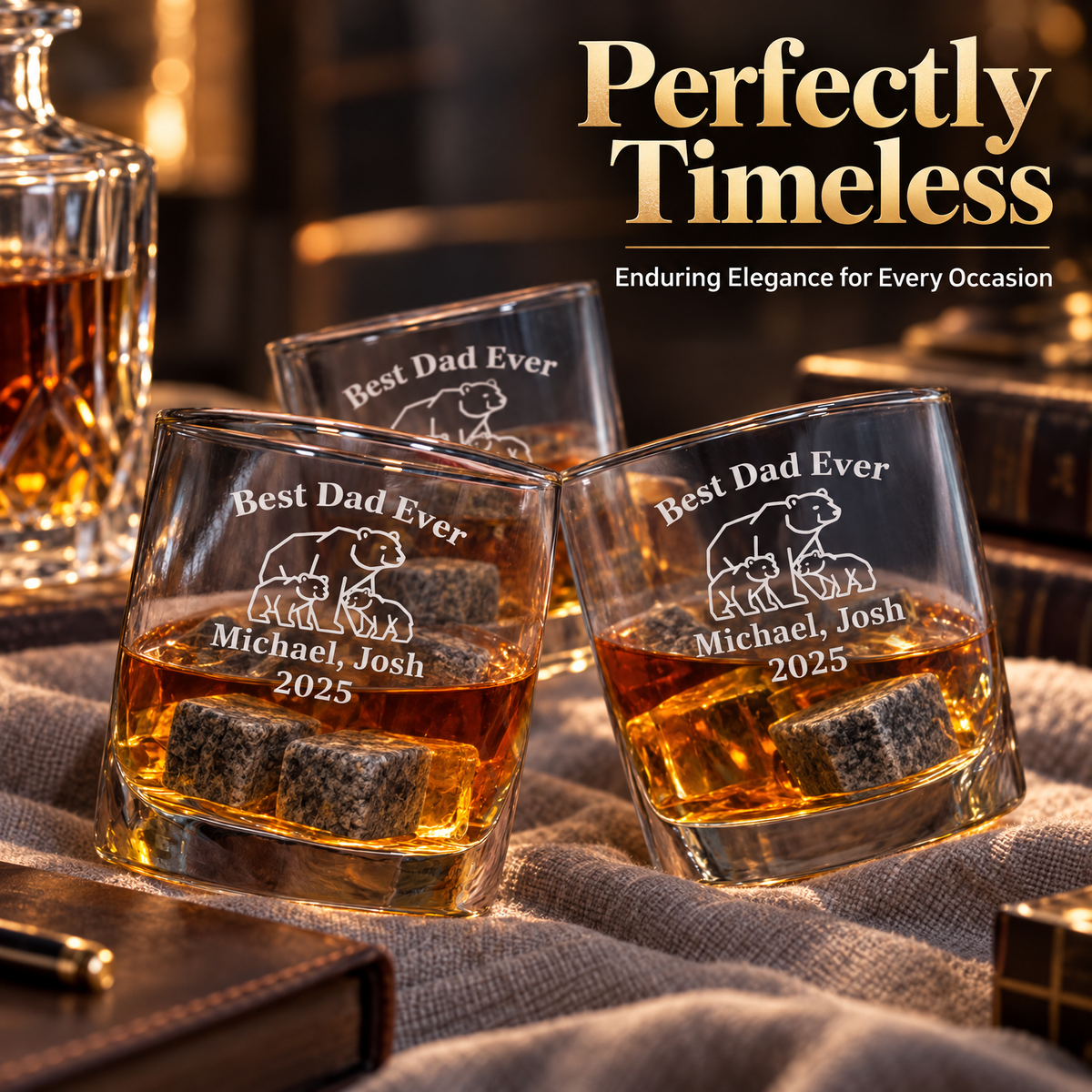 Gift for Father – Slick Decanter Set with 2 Glasses, 9 Whiskey Stones & Wooden Box product image
