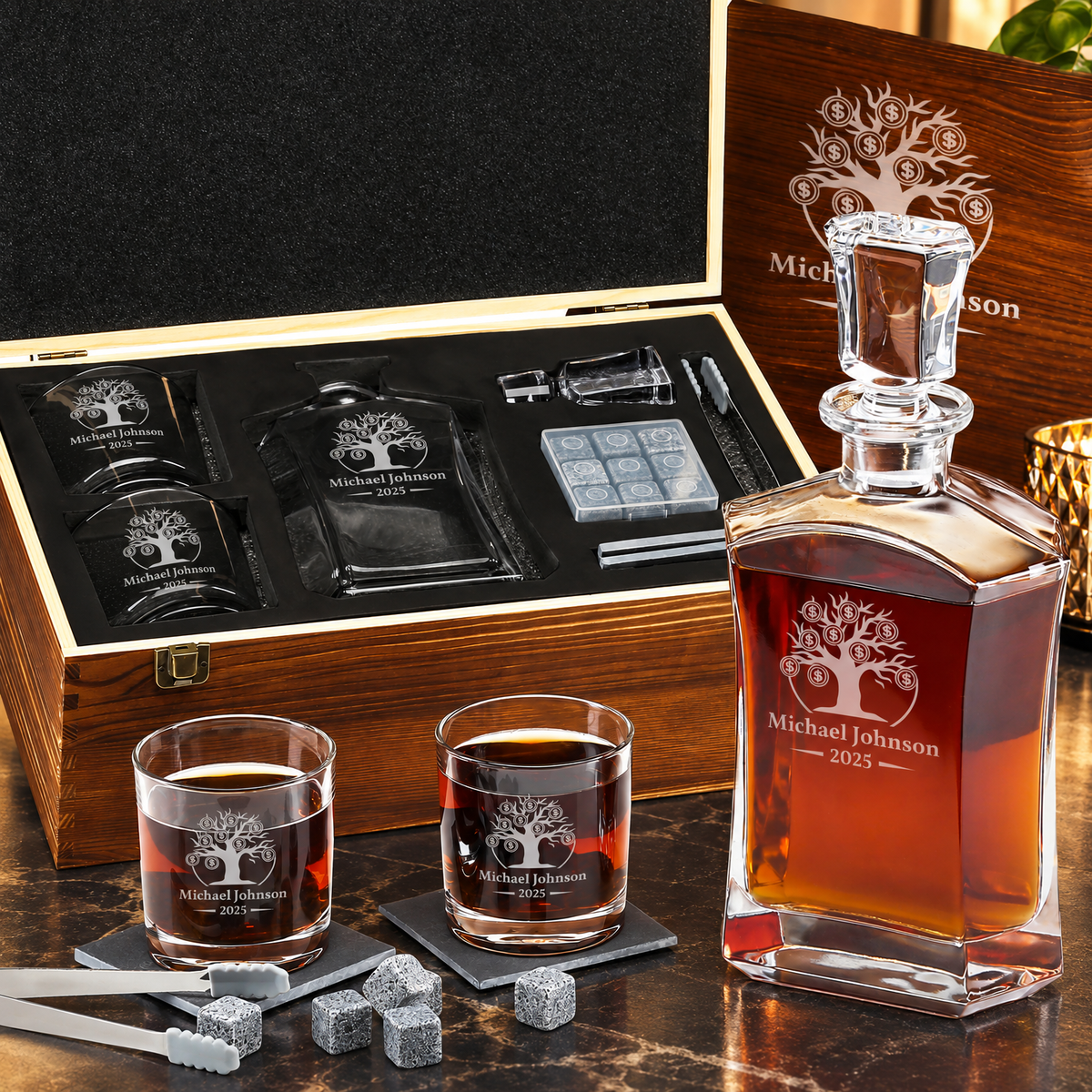 Finance Company Gifts – Slick Decanter Set with 2 Glasses, 9 Whiskey Stones & Wooden Box product image