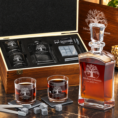 Finance Company Gifts – Slick Decanter Set with 2 Glasses, 9 Whiskey Stones & Wooden Box – image 01