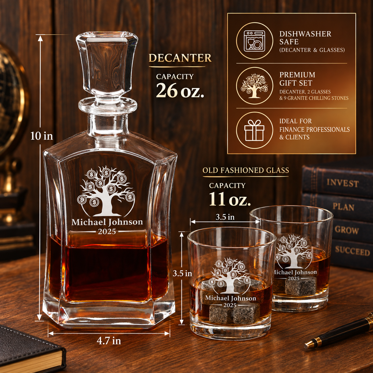Finance Company Gifts – Slick Decanter Set with 2 Glasses, 9 Whiskey Stones & Wooden Box – image 02