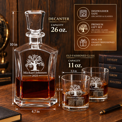 Finance Company Gifts – Slick Decanter Set with 2 Glasses, 9 Whiskey Stones & Wooden Box – image 02