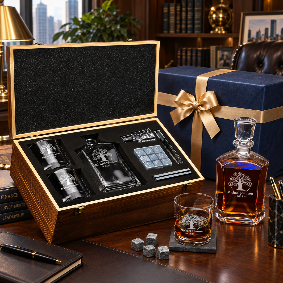 Finance Company Gifts – Slick Decanter Set with 2 Glasses, 9 Whiskey Stones & Wooden Box – image 04