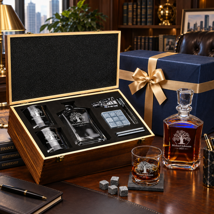 Finance Company Gifts – Slick Decanter Set with 2 Glasses, 9 Whiskey Stones & Wooden Box – image 04